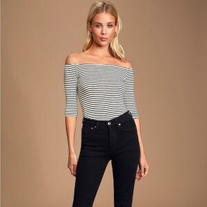 Lulu’s Elevated Essence White and Black Striped Off-the-Shoulder Top